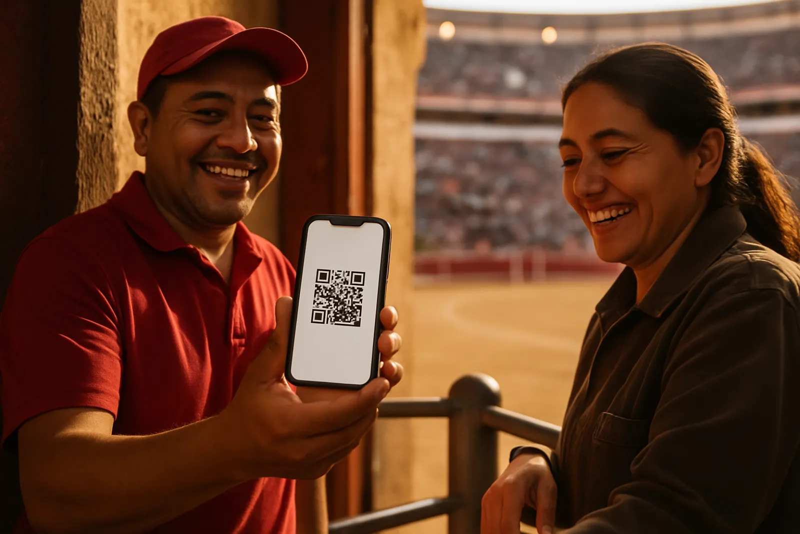 Personal de la plaza mostrando el código de su acreditación en el teléfono a quien controla el acceso, en el callejón